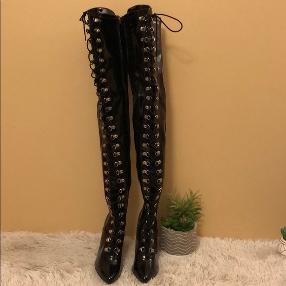 Shoes - NWOT Patent leather lace-up thigh-high boots